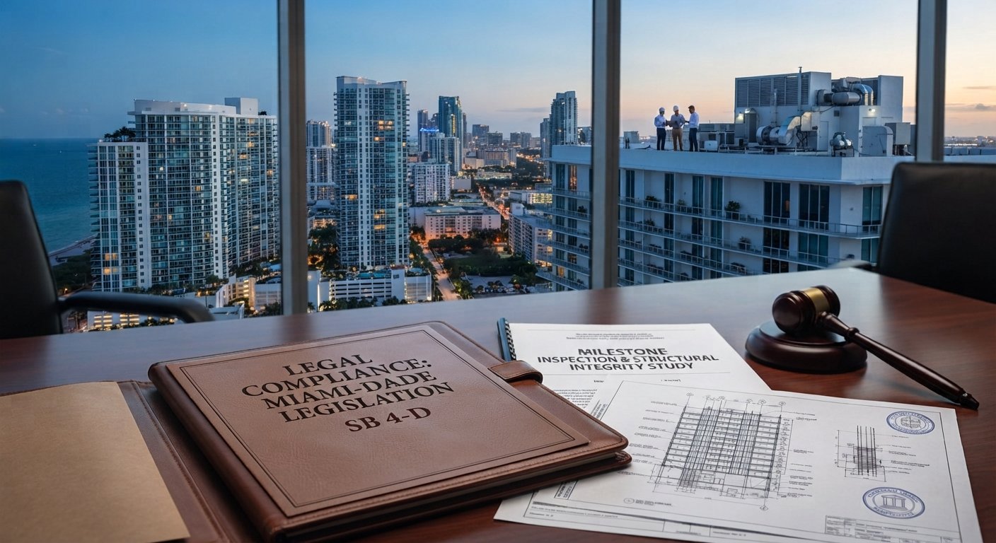 Executive desk overlooking the Miami skyline with legal folders, structural blueprints, and a gavel.