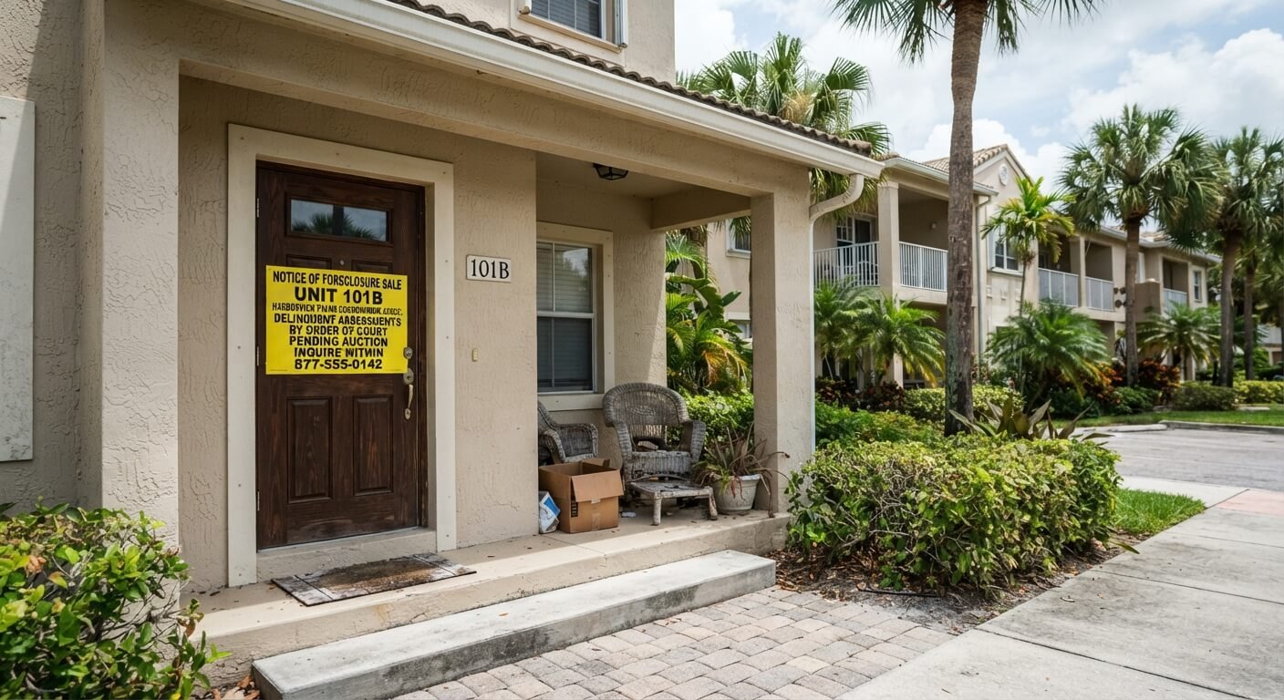 A sunny Florida condominium exterior featuring a yellow foreclosure notice posted on the front door, with lush palm trees and tropical landscaping in the background, and no people visible.