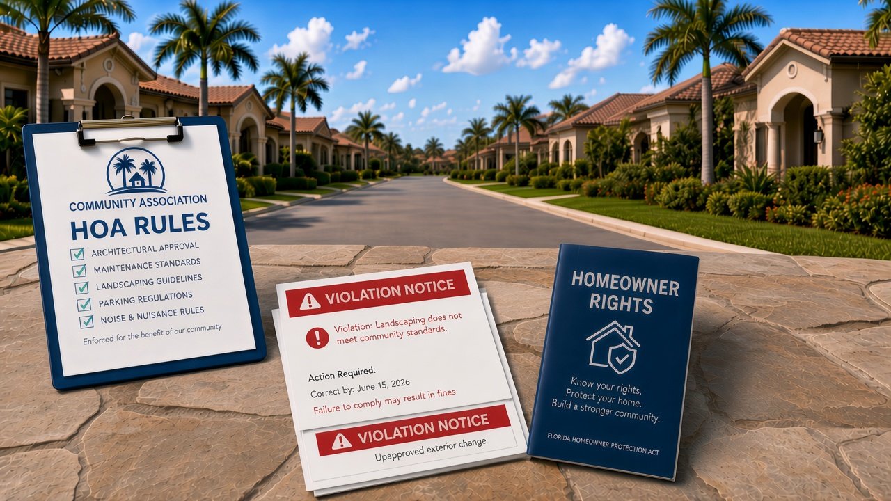 HOA rules clipboard, violation notice, and homeowner rights booklet on a stone patio overlooking a Florida neighborhood street with palm trees.