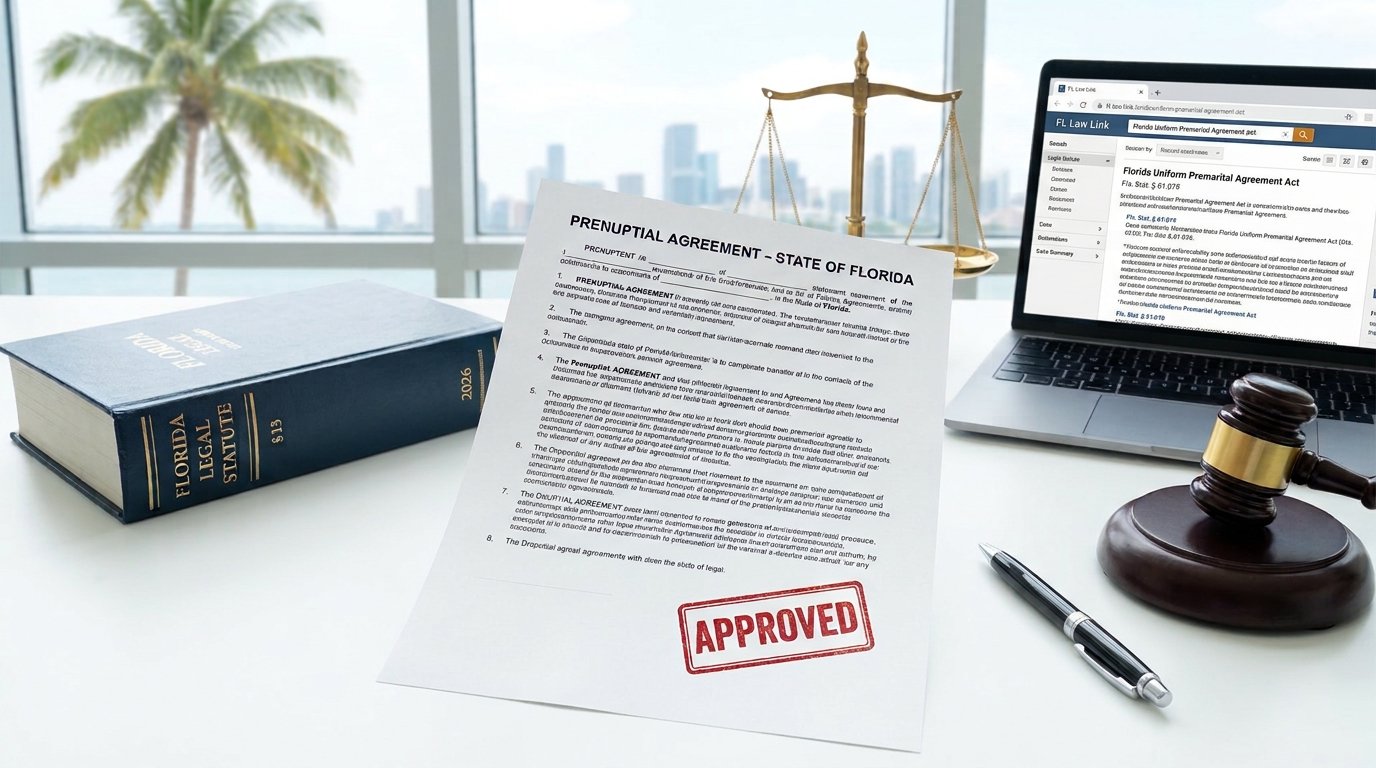A Florida prenuptial agreement in a legal office with the coast and a palm tree visible outside the office window.