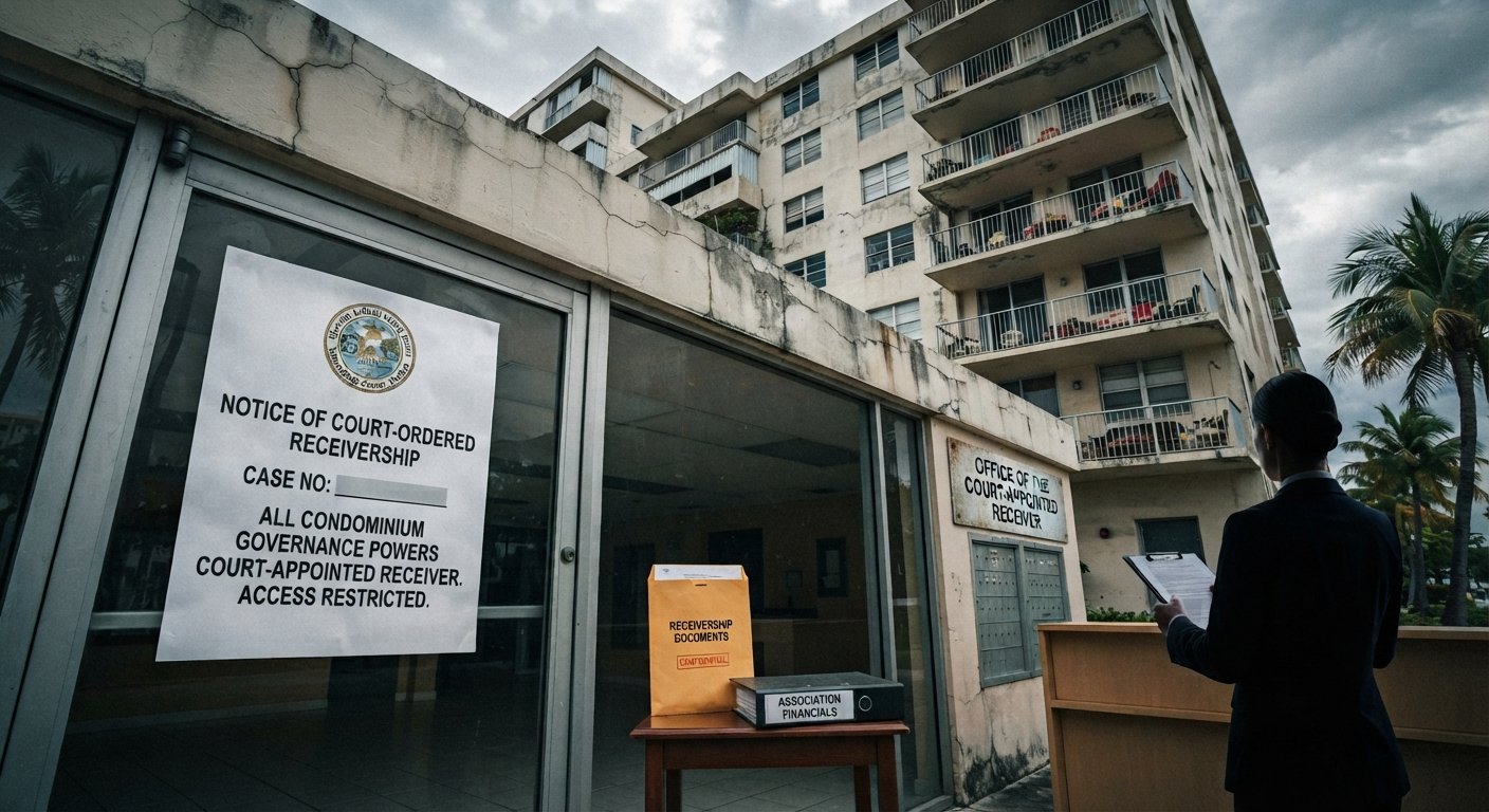 Exterior of a Miami-Dade condominium building with a court-ordered receivership notice on the glass lobby doors, a table with receivership documents, and a person seen from behind.