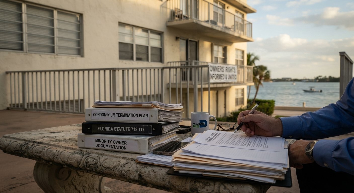 A pair of hands reviewing legal documents and a condominium termination plan at an outdoor table with an aging Florida waterfront building in the background.