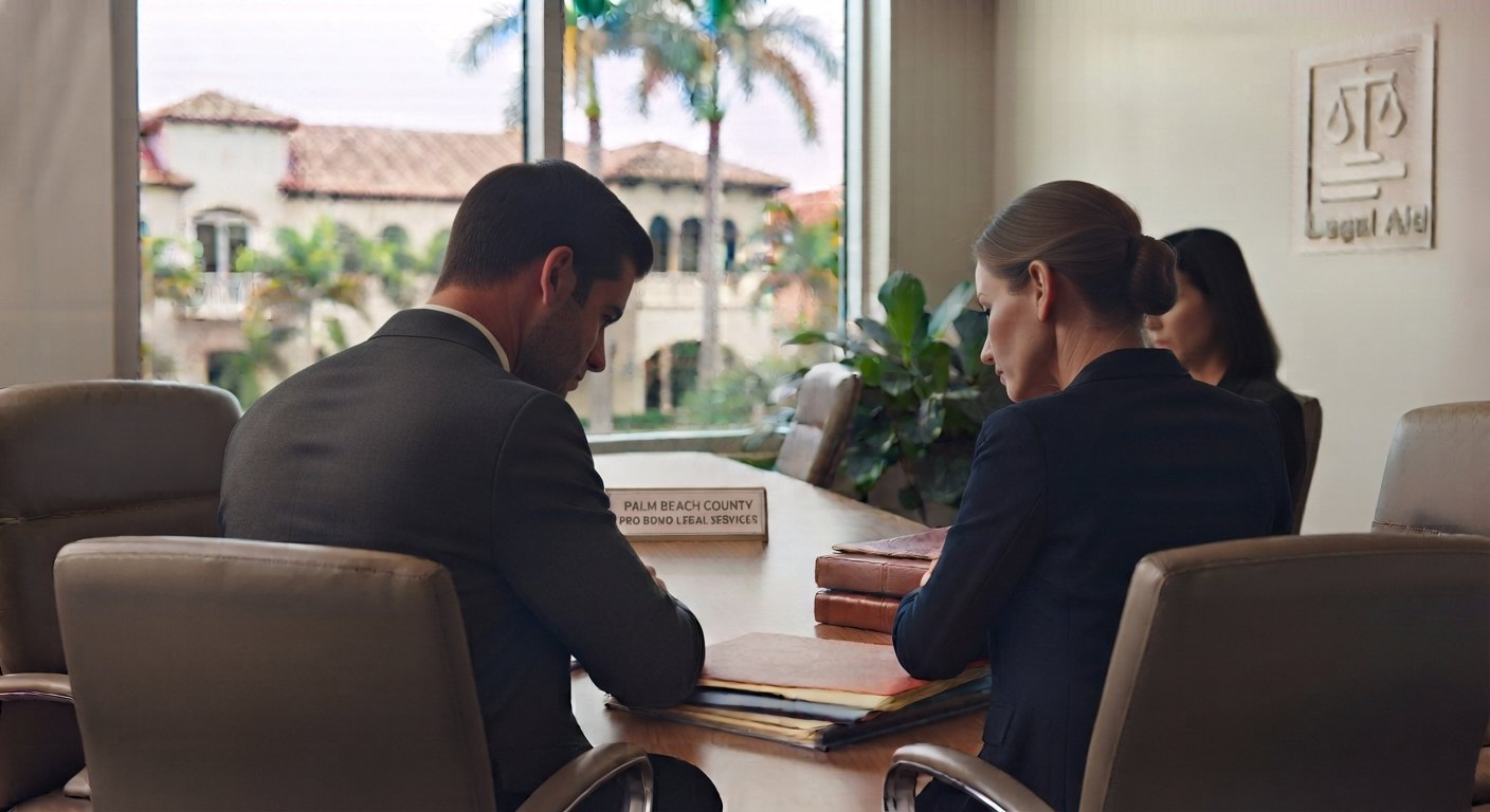 Professional legal consultation in a modern Palm Beach conference room with individuals maintaining privacy.